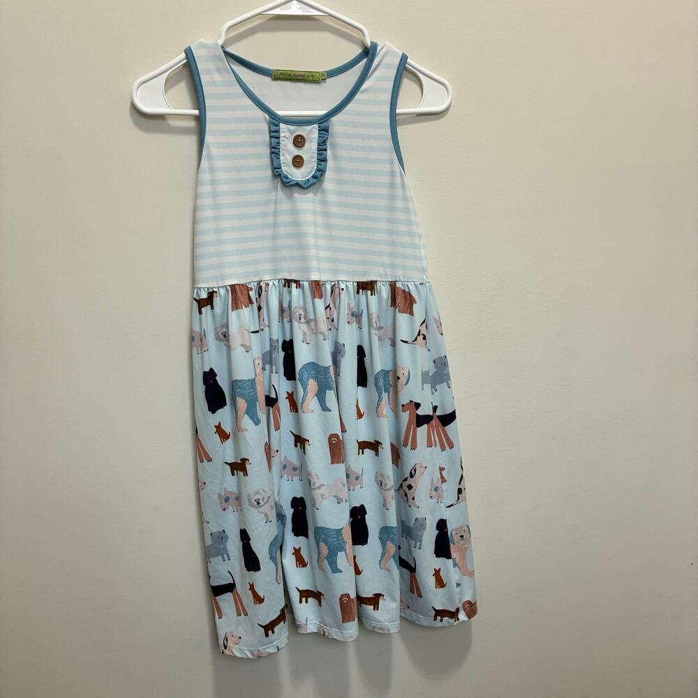 Millie Loves Lily Dog Print Dress Blue Stripe Sleeveless Girls Size 12